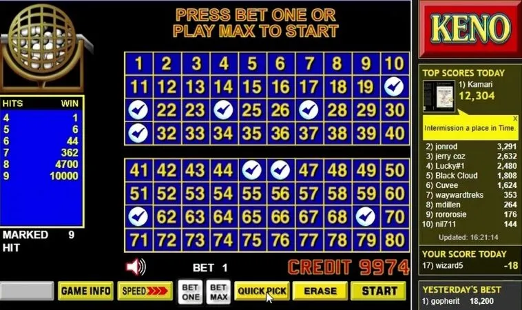 Giao diện chơi game nhanh Keno tại K9CC