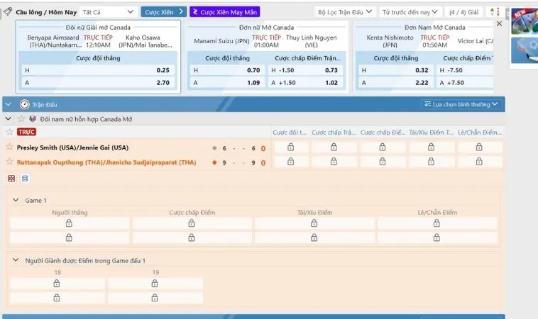 Bảng kèo cá cược cầu lông tại K9CC