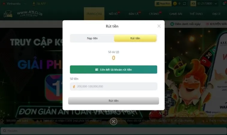 Giao diện rút tiền K9CC