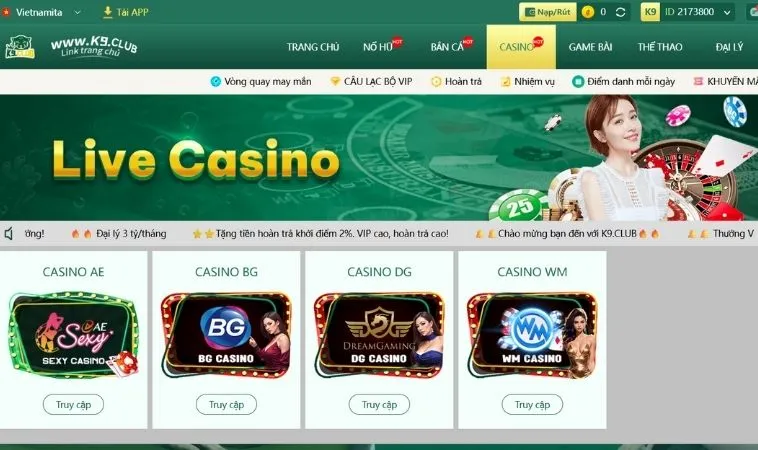 Sảnh Casino Online K9CC hợp tác với nhiều nhà cung cấp game hàng đầu